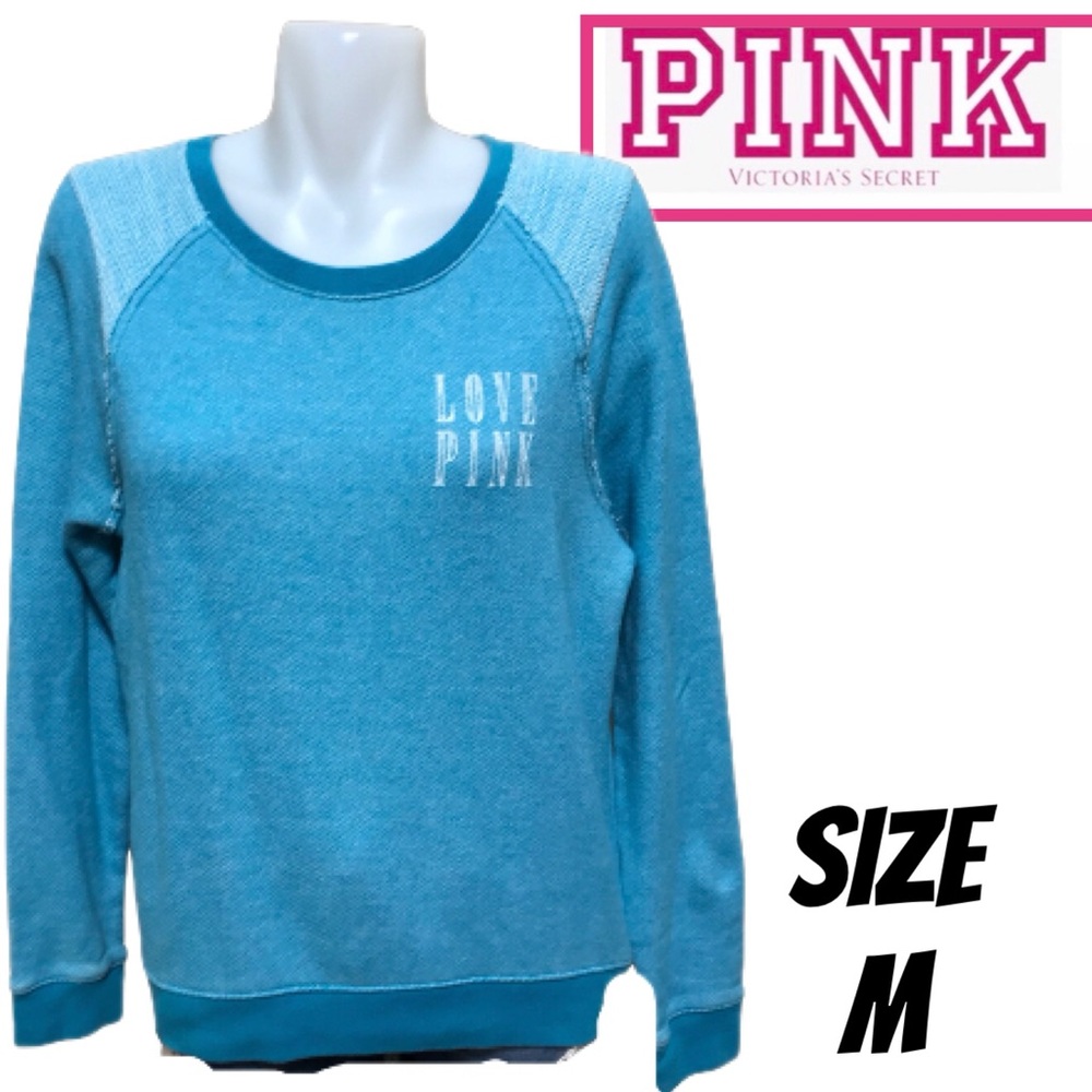 PINK VICTORIA’S SECRET DISTRESSED SWEATSHIRT PULLOVER TURQUOISE BLUE SIZ…